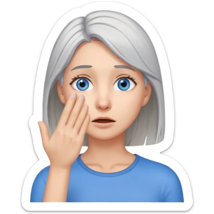 young woman with gray hair and blue eyes and 1 palm of hand covering face in exasperation sticker