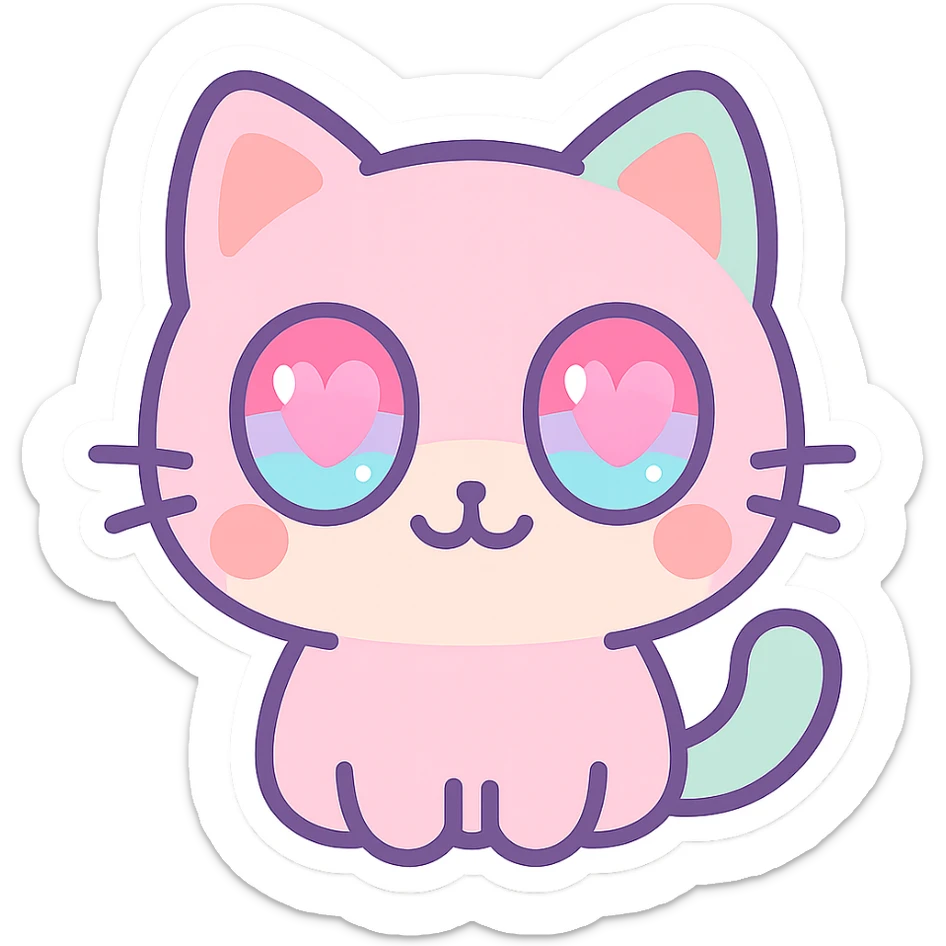 cute chibi cat close-up, sparkling heart eyes, pastel colors, die-cut sticker, white background, minimal vector illustration sticker