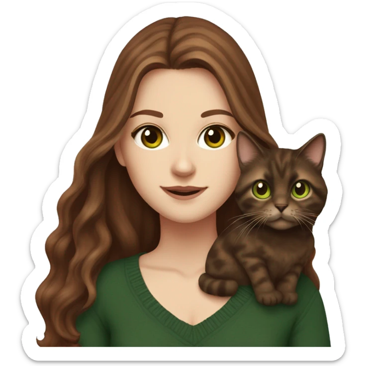 White girl with green eyes and brown long wavy hair holding a tortoiseshell cat and wearing a dark red sweater with dark jeans sticker