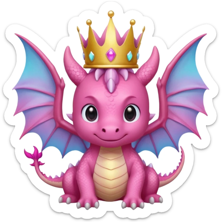 cute pink dragon emoji, kawaii style, crown, big wings, magical glow, pastel colors, transparent background, twitch emote sticker