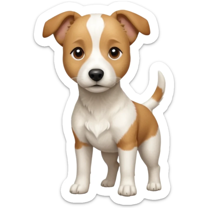 a full body facing front on of a buff white beagle cross jack russell terrier looking dog the size of a kelpie with light brown long ears resting on its face and a light brown patch above one eye and a large snout. the rest of the dog is completely white.  sticker