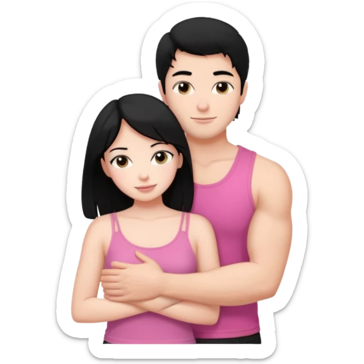 a pretty bratz fair girl. black hair, wearing a pink cami top, she is hugging a handsome fair guy with black hair. lean but muscular.the boy is wearing a black tshirt sticker
