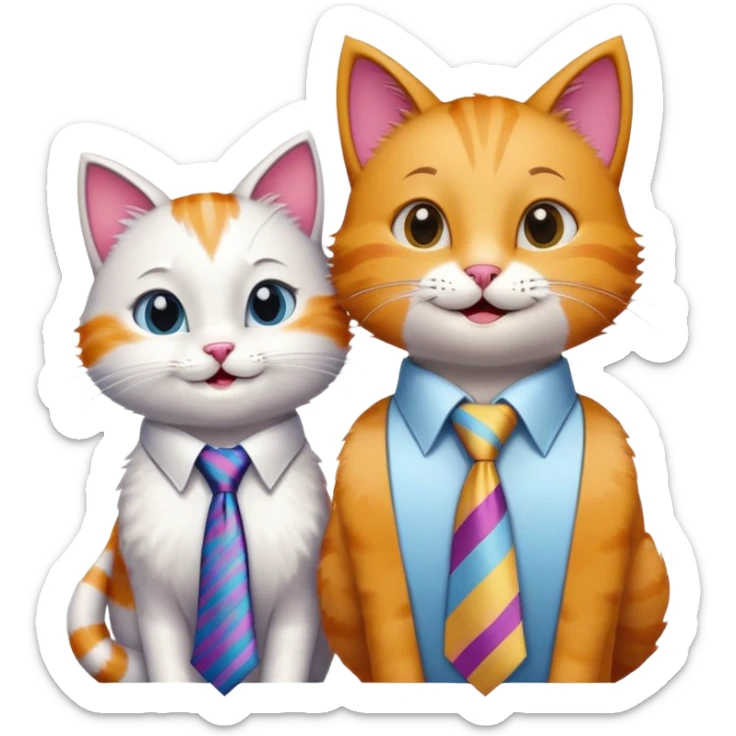 happy girl cat with eyelashes wearing a colorful necktie and happy boy cat wearing a professional necktie standing together side by side, both with cheerful expressions sticker