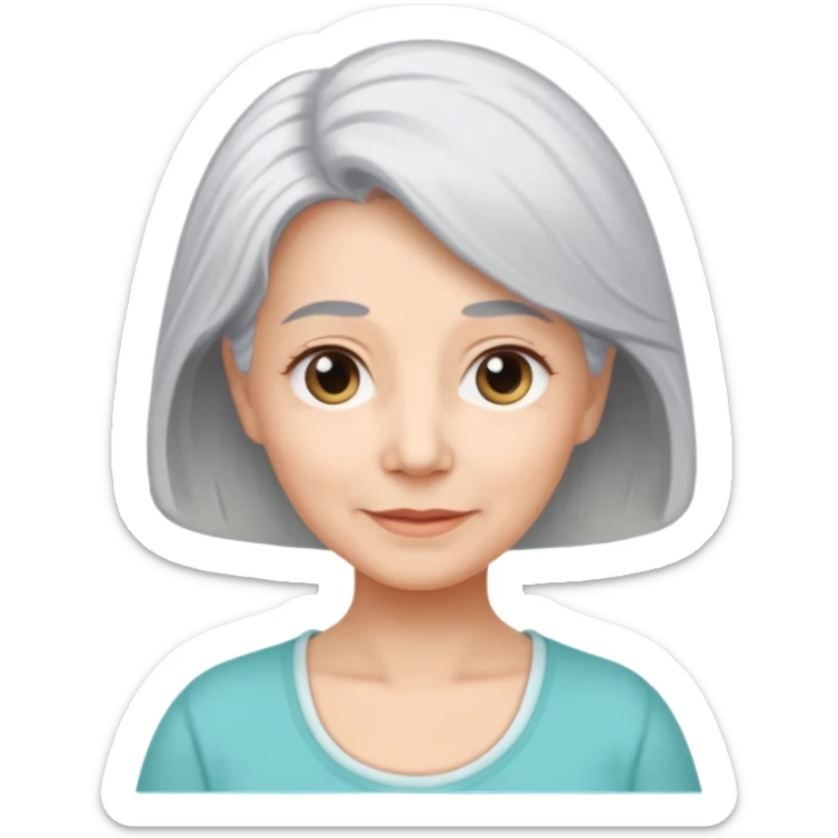 a Woman, mid 50 with light grey hair, wearing a pampers for adults sticker