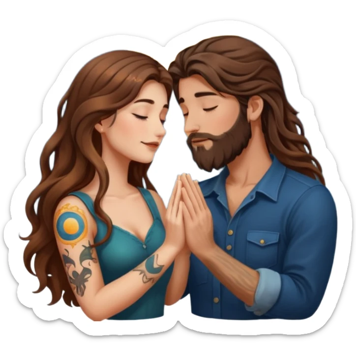 woman with long wavy brown hair tattoos and man with long brown hair beard, foreheads touching, shared glowing moon between hands sticker