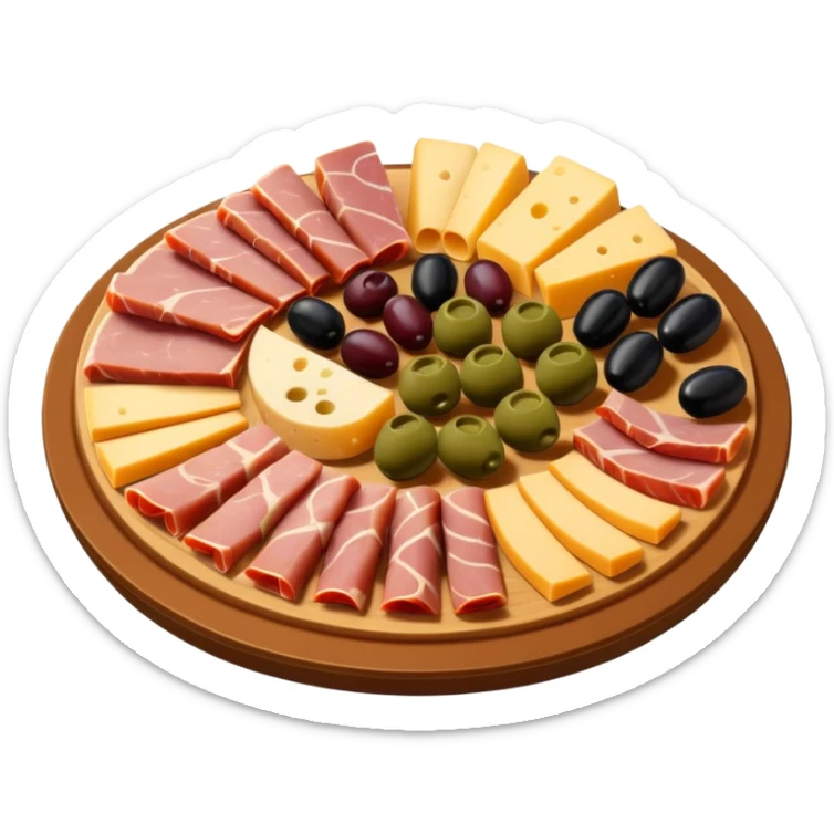 A 3D cartoon platter of assorted deli items like sliced meats, cheese, and olives, colorful and appetizing, Memoji-style. sticker