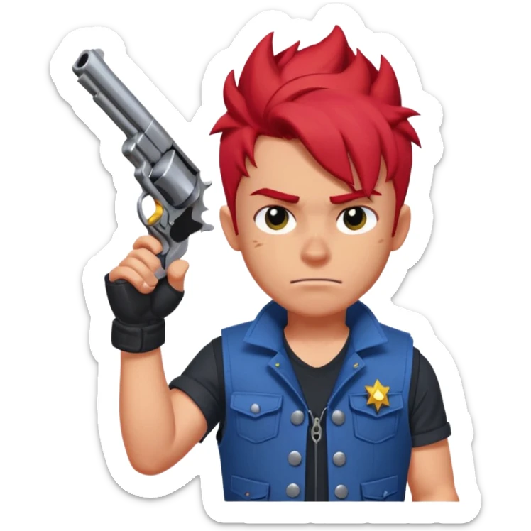 Colt from Brawl Stars, winking, holding one revolver up, spiky red hair, blue vest sticker
