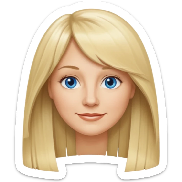40 yr old white woman, curtain bangs, long straight blond hair, oval face, small smile, blue eyes sticker