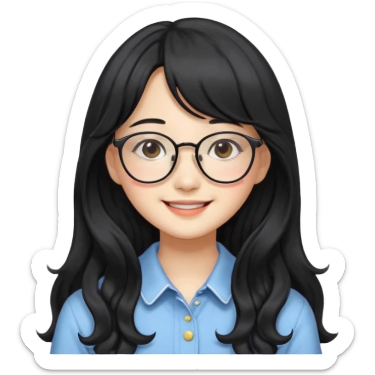 Please generate a portrait of a pretty girl with long, wavy, black hair. She's smiling. She also wears a middle parting and bangs. with glasses pink wonyoungsim from ive fom kpop group sticker