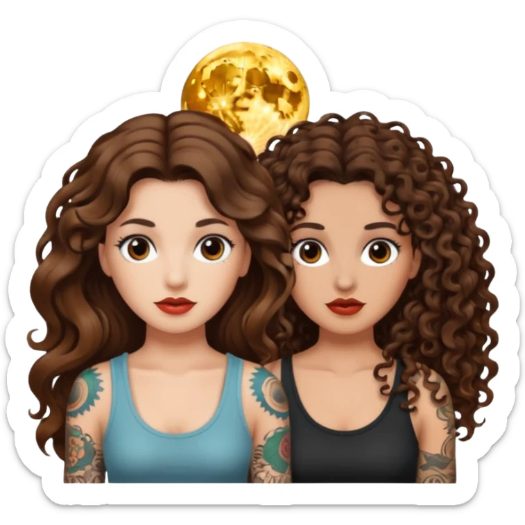 moon color change — long wavy brown hair tattooed woman and short tight curly brown hair woman — alarmed sticker