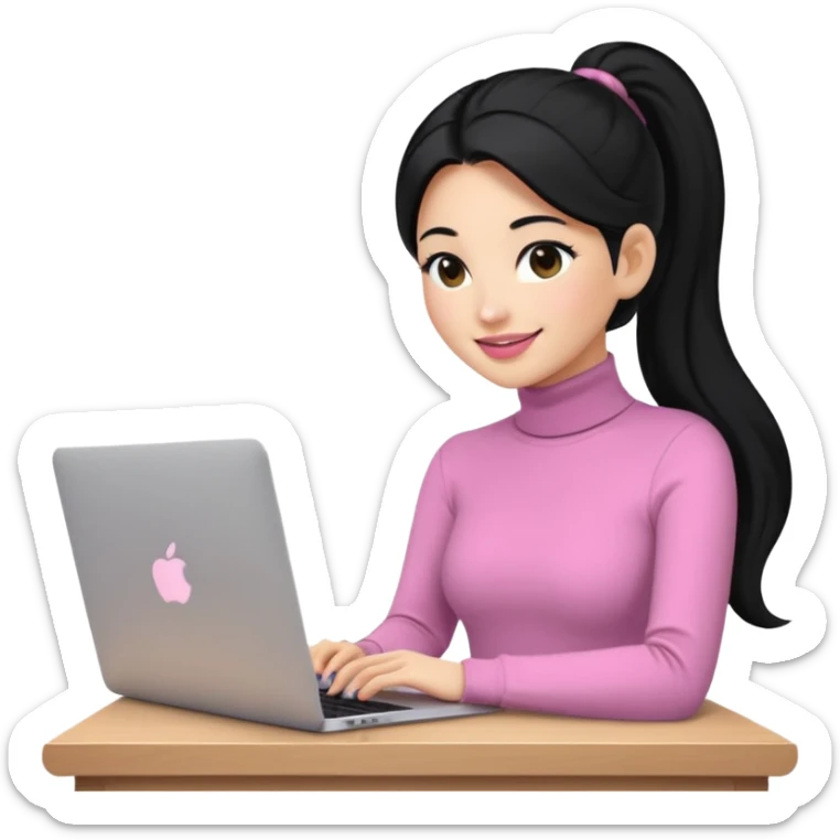 a woman with long sleeve turtle neck top and smile, her hair is long black pony tail, her eyes color are black and the color of her lip is soft pink with apple notebook (macbook). her jab is digital designer. sticker