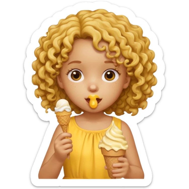 a little girl kid with curly hair, yellow dress, eat ice cream sticker