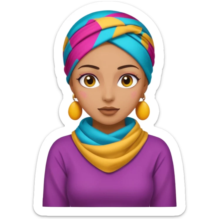 tanned skin woman with a colorful headscarf, makeup, and a long sleeve shirt covering shoulders and arms, emoji style sticker