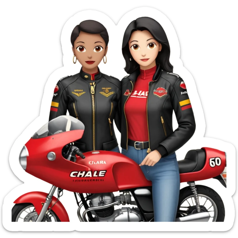 Crie um motoqueiro de jaqueta preta junto com uma mulher de jaqueta preta com um símbolo de um coração vermelho com chama vermelha e letras HL escrito em dourado dentro do coração vermelho, a mulher abraçado ao motoqueiro os dois de costas na moto Harley Davidson vermelha  sticker