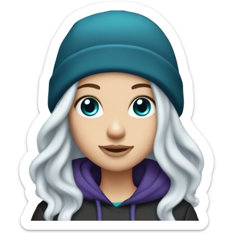 White girl, blue eyes, long teal hair, purple beanie hat, black hoodie, blue jeans, black shoes sticker