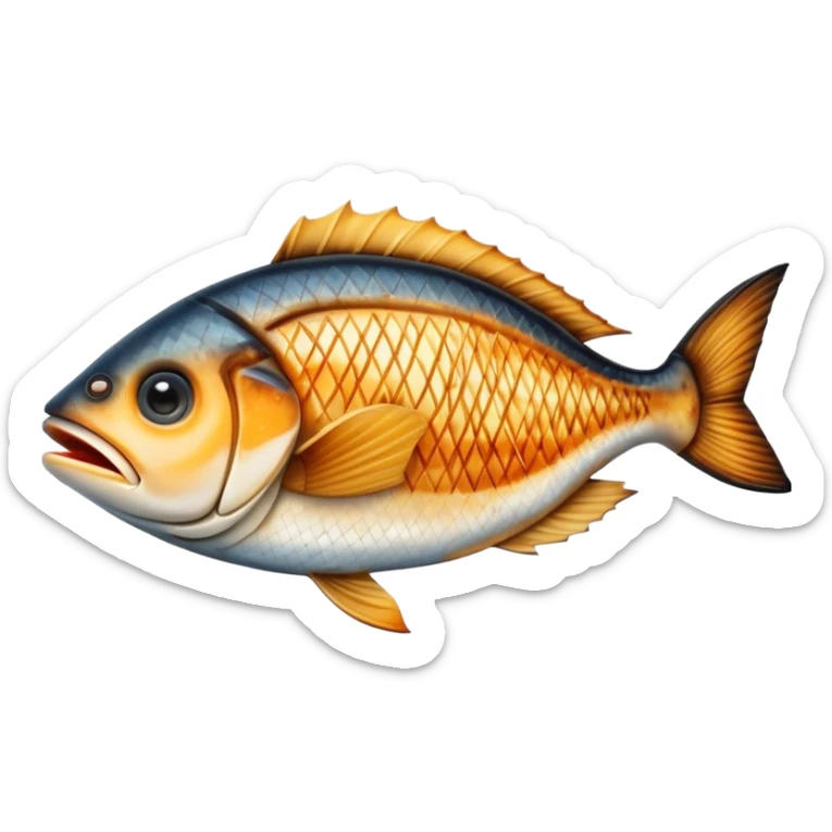 Cinematic Realistic Gradele (Grilled Fish) Dish Emoji, depicted as perfectly grilled fish with a smoky, charred finish rendered with lifelike detail and appetizing, natural lighting. sticker