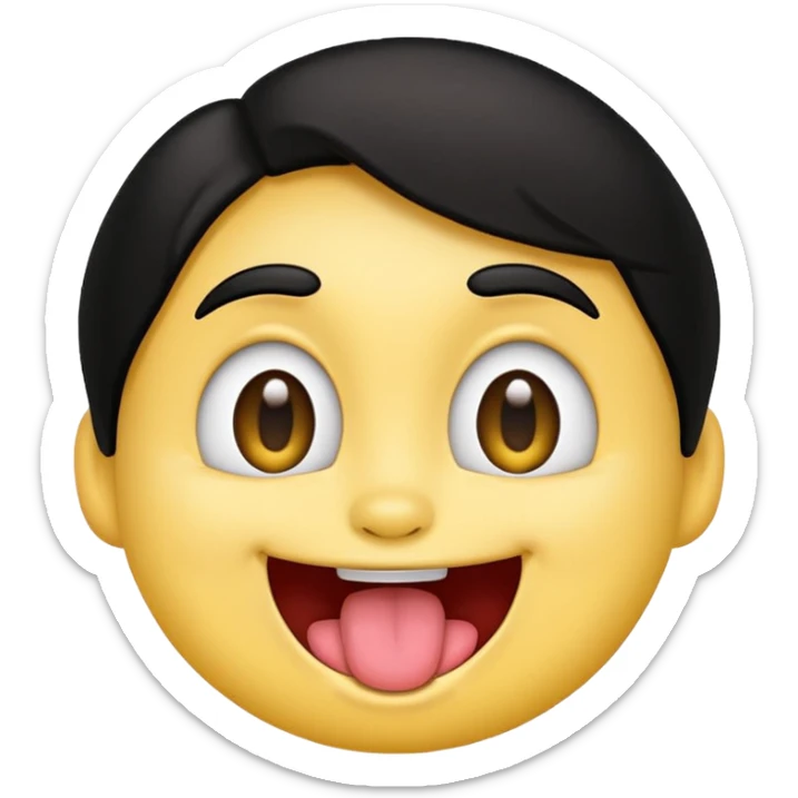 yellow face emoji smiling with huge tongue out and eyes wide open. Tongue should have the effect of wagging back and forth. Give him a head of black hair sticker