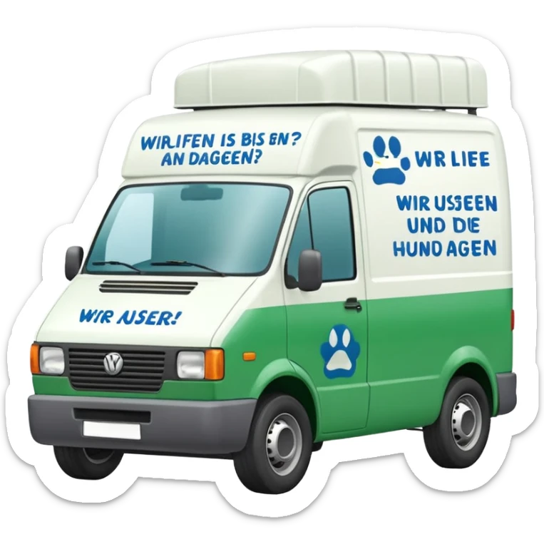 a white delivery van with green and blue color on the delivery van tarpaulin. Text: Wir liefern bis an die Türe. Ausser Ihr Hund ist dagegen" sticker