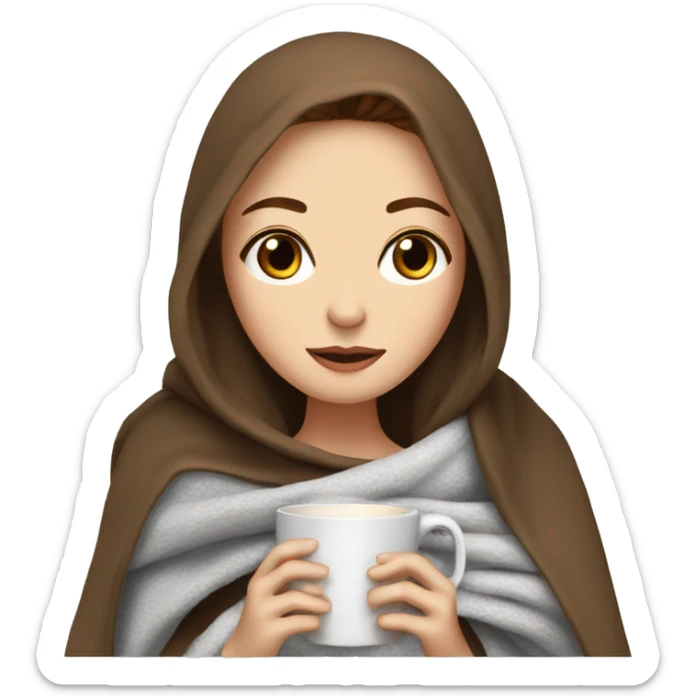 white girl with brown hair  inside a blanket sipping coffee eyes closed sticker