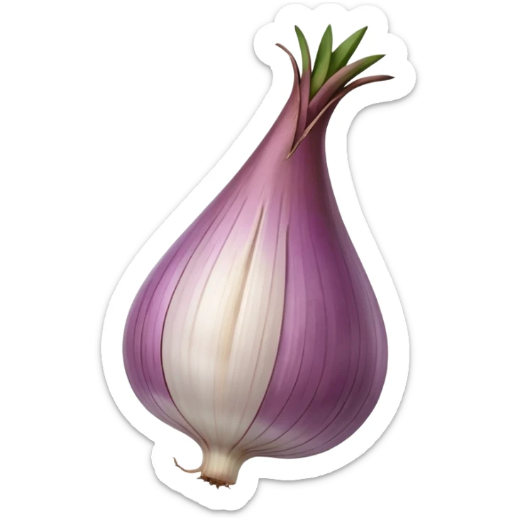 single shallot, unpeeled, teardrop, bulbous base, tapered top, papery skin, mauve or copper, striations, glossy, dried stem, root strands, 3D-rendered, minimal, no faces, transparent background sticker