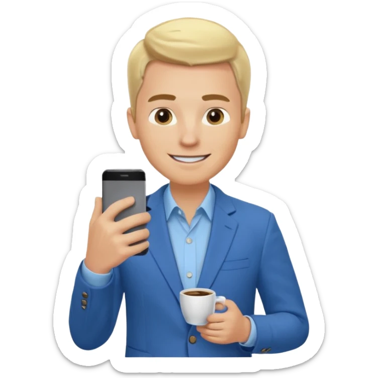 Confident and outgoing male entrepreneur, Caucasian features, blonde hair, big friendly smile, expressive eyes, defined eyebrows, wearing a blue blazer over a light blue shirt, holding a smartphone in one hand and a coffee cup in the other, waist-up, front-facing sticker