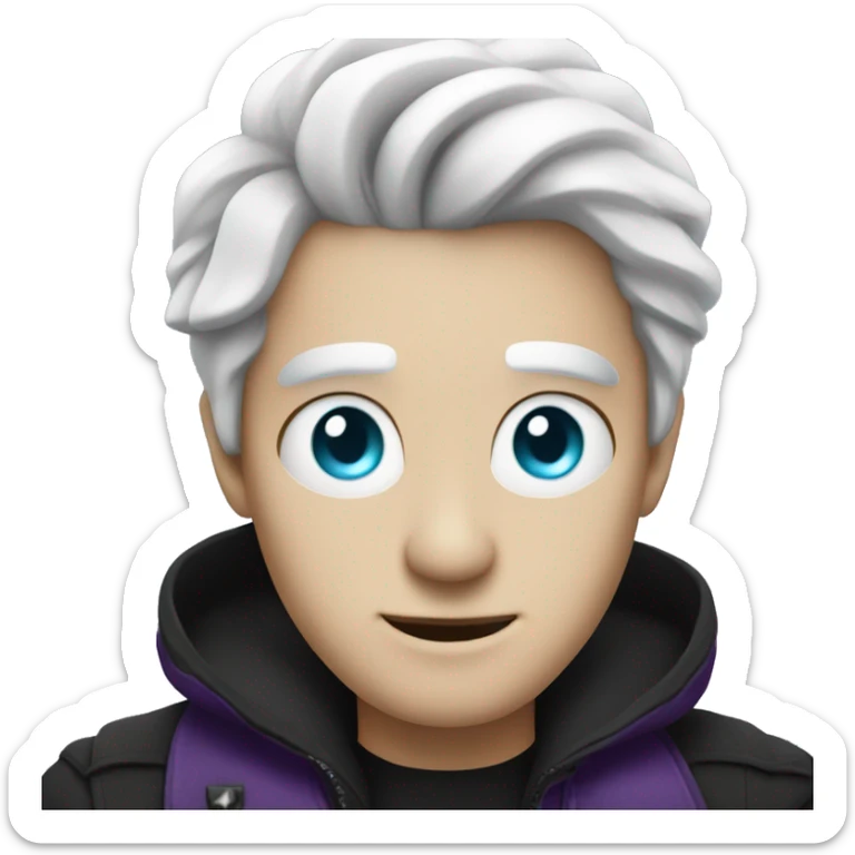 A  guy with White hair and he got cyan eyes and wears black-purple cloat sticker