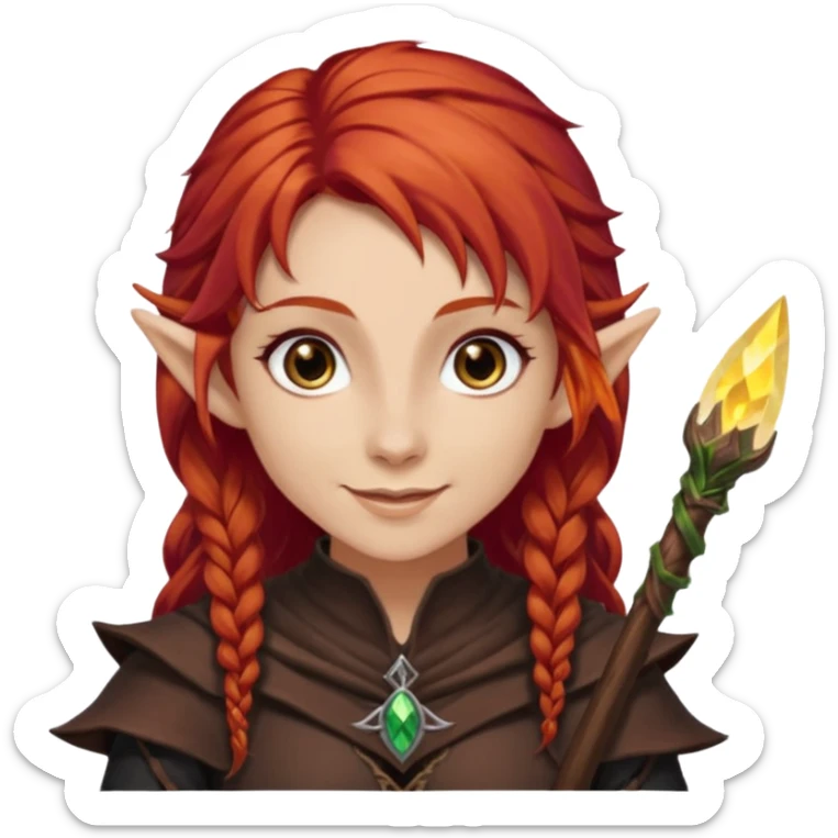 Bruxa meio elfa, ruivo forte (acobreado puxado pro castanho escuro) olhos escuros, e sorrindo 🧝🏻‍♀️ nesaa pegada desse emoji ai, e branca não muito branca tbm sticker