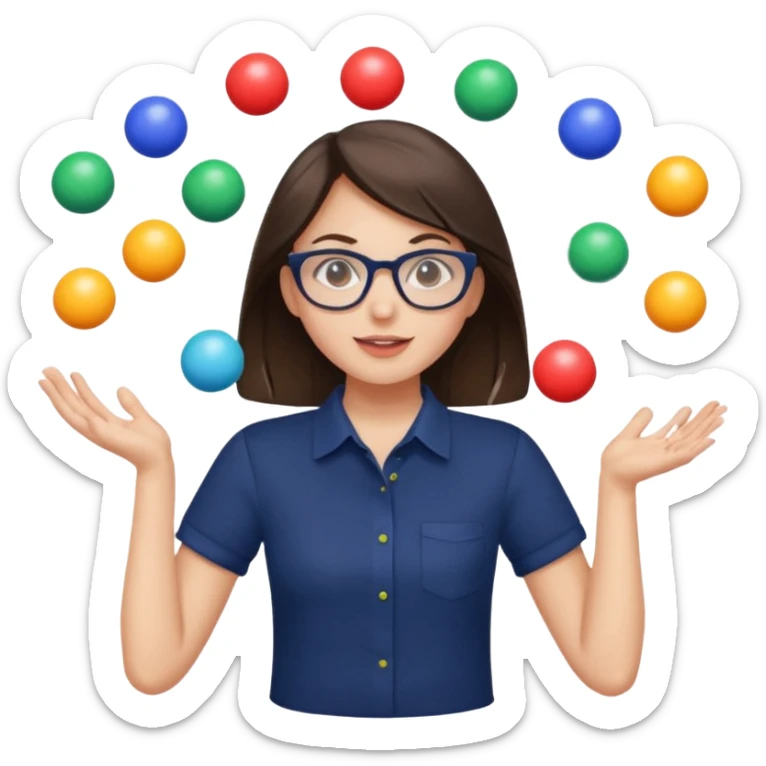 a brunette girl in a navy shirt wearing glasses is  juggling 5 multicolored balls with two hands  sticker
