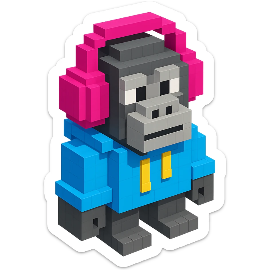voxel style gorilla with headphones, wearing a hoodie, isometric view sticker