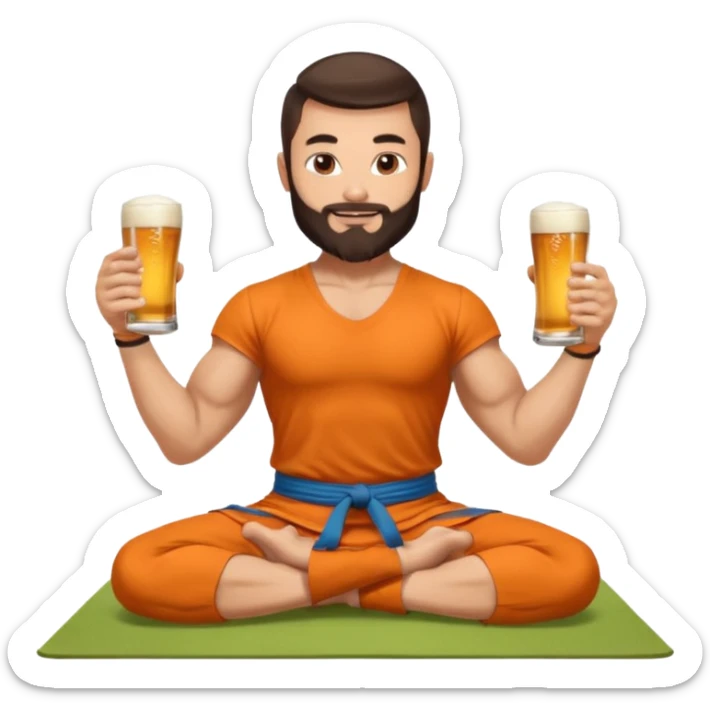 slavic muscled guy with dark brown hair and beard, sitting in yoga pose on a mat, kung fu clothes, long and volume dark hair, holding beer mugs in two hands, sitting sticker