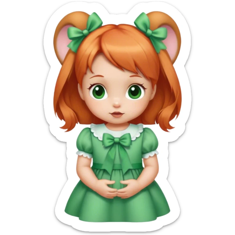baby girl with  1 bunns bow   red blond mix hair  in green dress  sticker