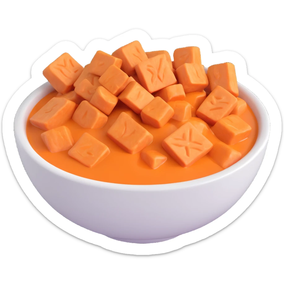 microsoft style 3d emoji of a bowl of yam porridge, chunky orange yam pieces in a white bowl with rich saucy texture, simple and vibrant sticker