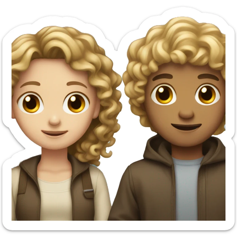 brunette girl with blonde boy with curly hair holding her sticker