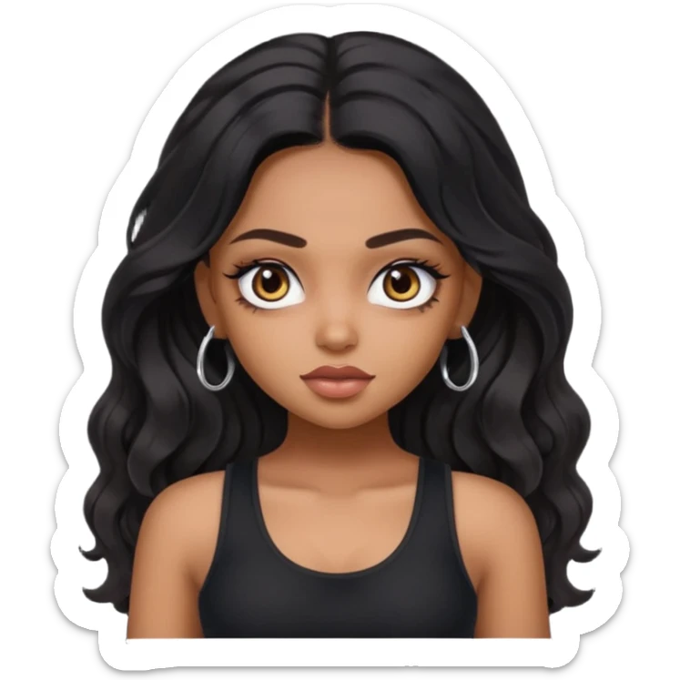 a pretty bratz dusky girl with long wavy black hair, kajal under eyes, black full sleeve tank top sticker
