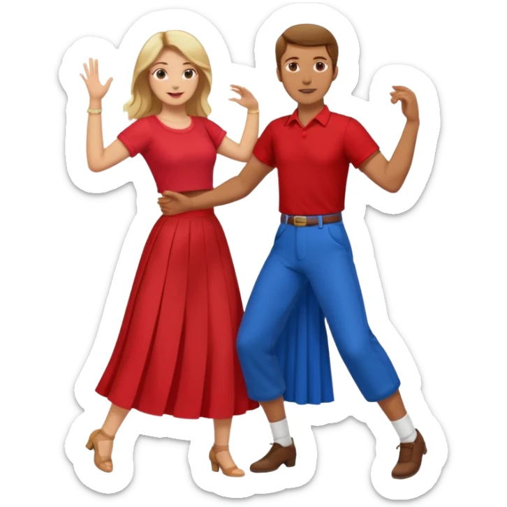 Two people dancing. Man in red shirt and  red pants with brown hair. Women in blue shirt and long skirt with blond hair. sticker