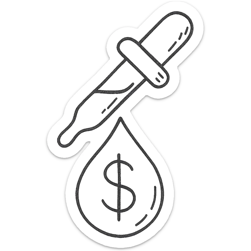 hand-drawn outlined pipette at the top of a golden drop with a dollar sign inside the drop sticker