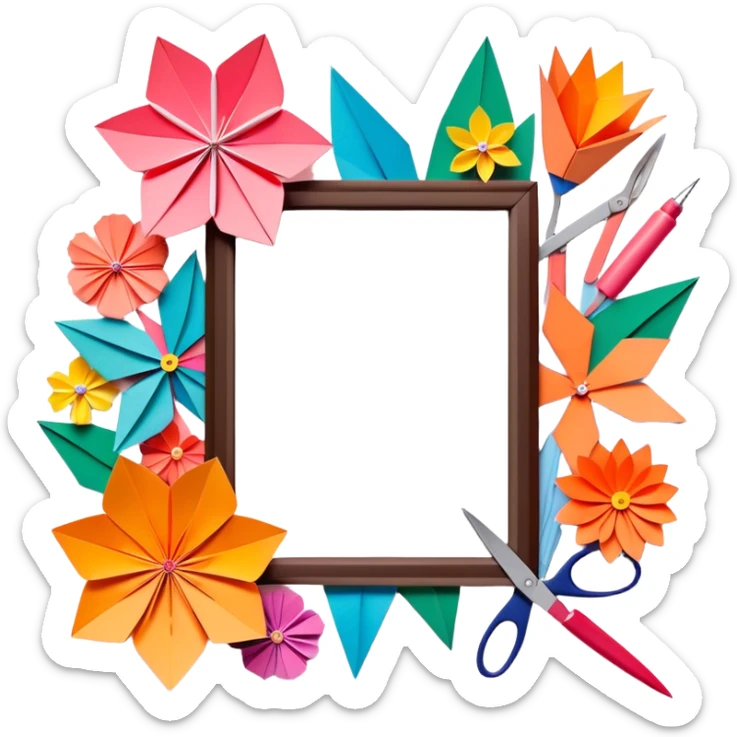 Paper crafting icon, various paper crafts like origami, 3D paper flowers, and scrapbooking materials, visible tools such as scissors, glue stick, and colour paper sheets, colorful paper patterns, minimalistic style, clean lines, transparent background. sticker