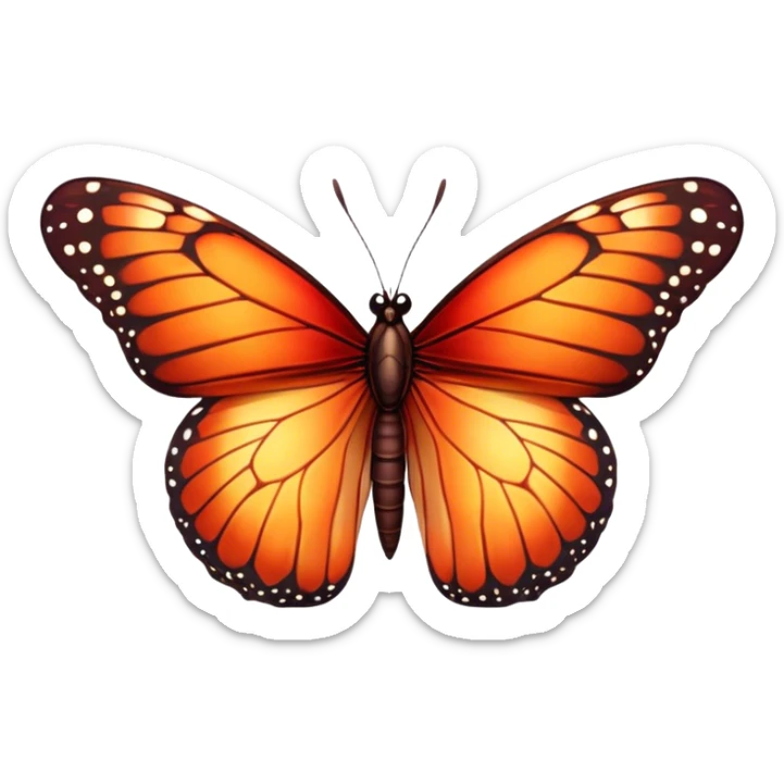 Cinematic Realistic Noble monarch Butterfly Portrait Emoji, Poised and elegant, with delicate, translucent wings rendered in rich ruby and scarlet hues, a slender, graceful body with intricately detailed textures, and soft, reflective eyes, illuminated by natural light, high shine, intelligent and regal, styled with an air of refined natural splendor, focused and attentive, soft glowing outline, capturing the essence of a watchful and confident monarch butterfly that appears to emerge majestically from the screen! sticker