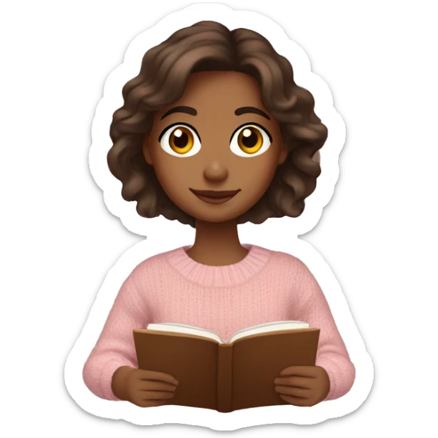 Pretty brown eyed medium brown girl with light pink sweater reading cozy sticker