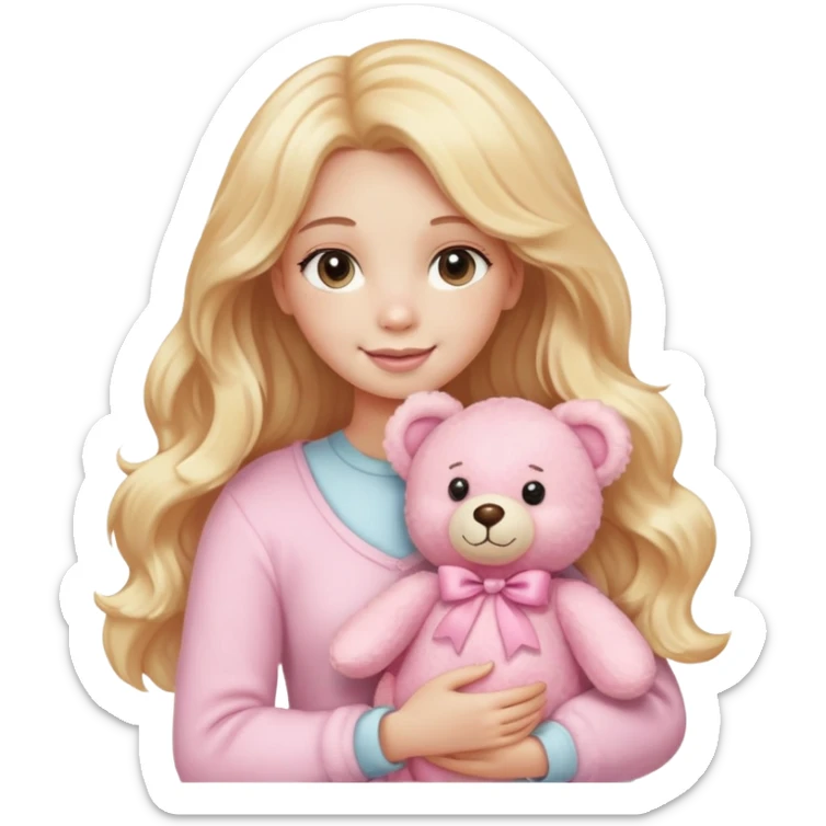 An emoji of a blonde woman holding a plush pink teddy bear. She has long, wavy golden hair and a gentle, happy expression. The teddy bear is soft, fluffy, and pastel pink, giving a cute and cozy vibe sticker