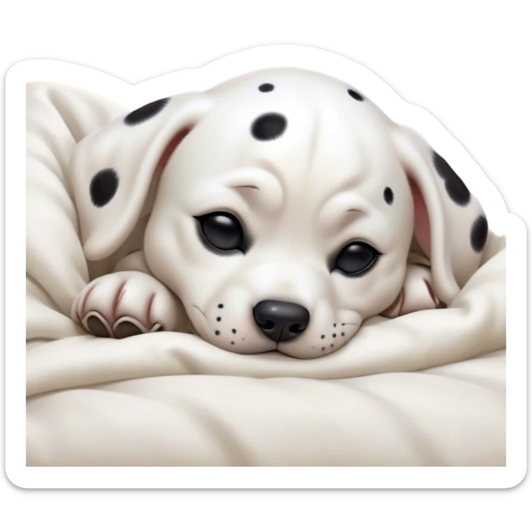 Cinematic cute Sleeping Dalmatian Portrait Emoji, cute and serene, with a round, plump build and a glossy white coat adorned with distinctive black spots, eyes gently closed in peaceful slumber, Simplified yet irresistibly endearing features, highly detailed, glowing with a gentle, dreamy glow, high shine, relaxed and content, stylized with a touch of whimsy, bright and heartwarming, soft glowing outline, capturing the essence of a blissfully sleepy companion, so comically serene it feels like it could roll out of the screen and snore with adorable charm! sticker