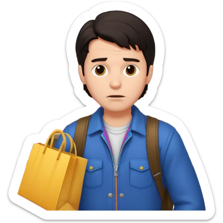 a man in 80s clothes, no mask, escaping a shop with loot, worried face, cartoon style, dark hair sticker