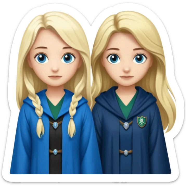 a pretty ravenclaw girl with long dark brown hair and blue eyes standing with a hot Slytherin girl with long blonde hair, blue eyes sticker