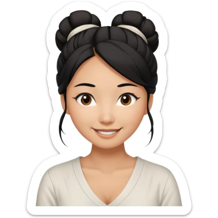 medium tan asian woman with long black hair tied in a high messy bun, round brown eyes, white v neck blouse. shes smiling and friendly. sticker