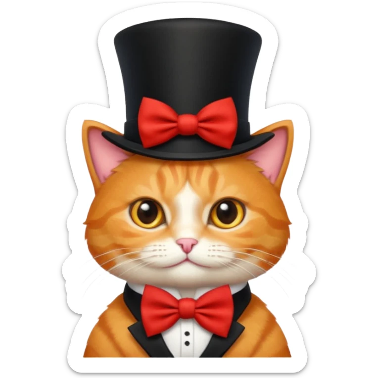 Cute emoji-style orange tabby cat wearing a black top hat with a red band and a red bow tie, big round eyes, fluffy fur, clean mascot style, centered, transparent background, 1:1 ratio. sticker