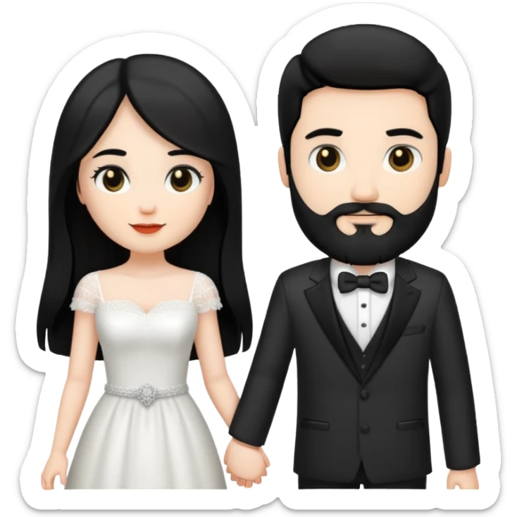 couple of newlyweds holding hands, white skin man with black hair and beard; white skin woman with long black hair and black eyes sticker