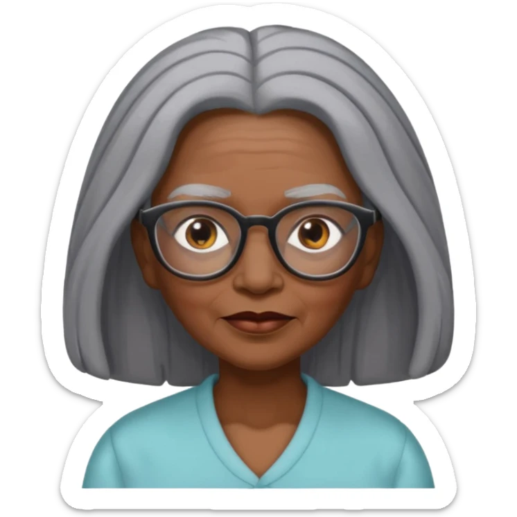 emoji of a black grandma women with long black and gray hair with glasses and brown eyebrows sticker