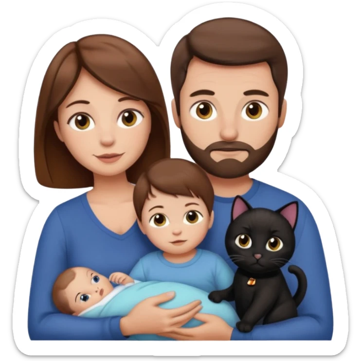 1 mom brown hair, 1 dad NO beard, 1 baby and 1 black cat sticker