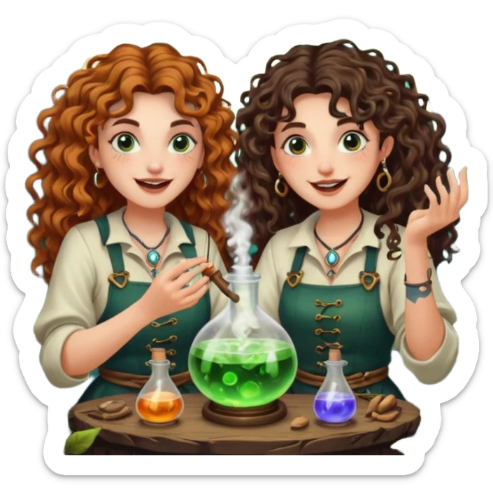forest alchemist duo two women curly long hair tattooed and short brown mullet mixing glowing moon potion together excited faces sticker