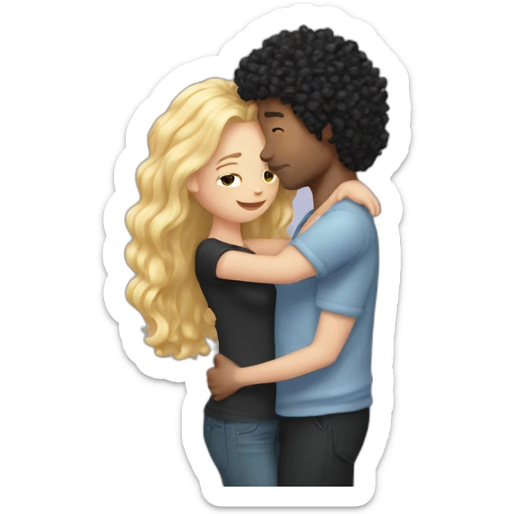 Long blond hair girl hugging a man with black curly hair sticker